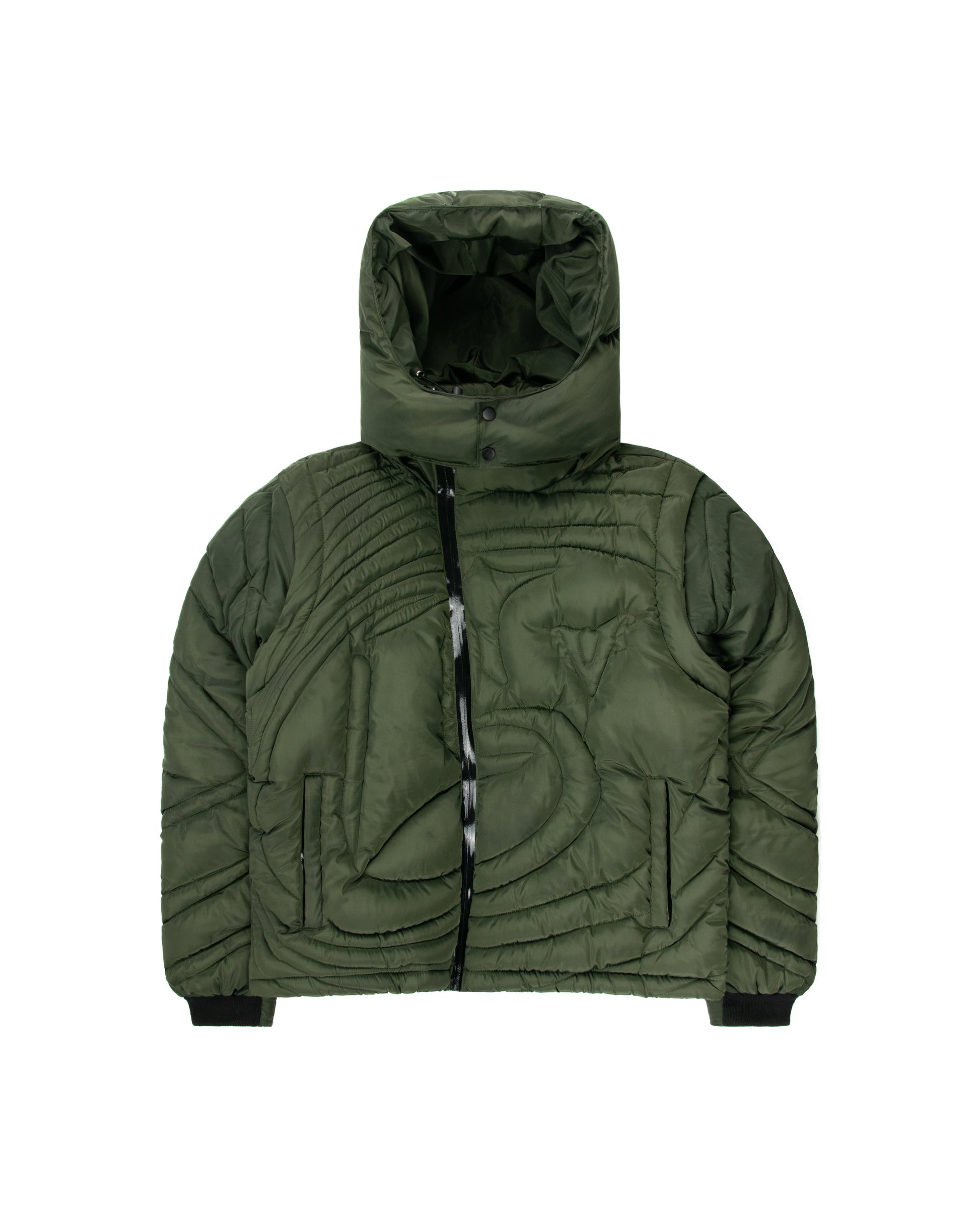 Front view of green embossed puffer jacket with a detachable hood, featuring a sleek quilted design and asymmetrical zipper closure.