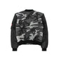 Back view of a gray camouflage bomber jacket featuring black sleeves, ribbed hem, and bold textured details for a stylish urban aesthetic.