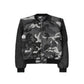 Front view of a gray camouflage bomber jacket with black sleeves, zippered front closure, and utility pocket detailing, designed for a modern streetwear look.