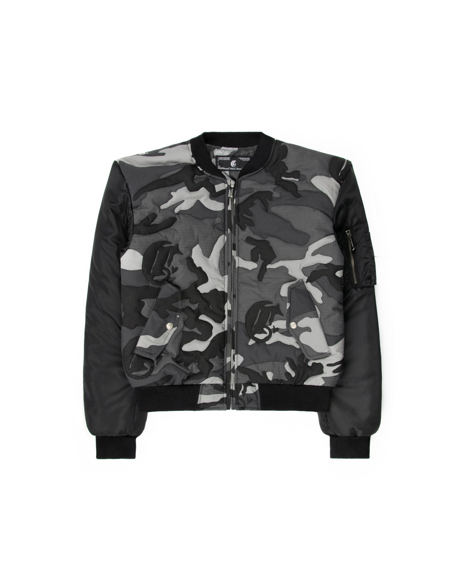 Front view of a gray camouflage bomber jacket with black sleeves, zippered front closure, and utility pocket detailing, designed for a modern streetwear look.