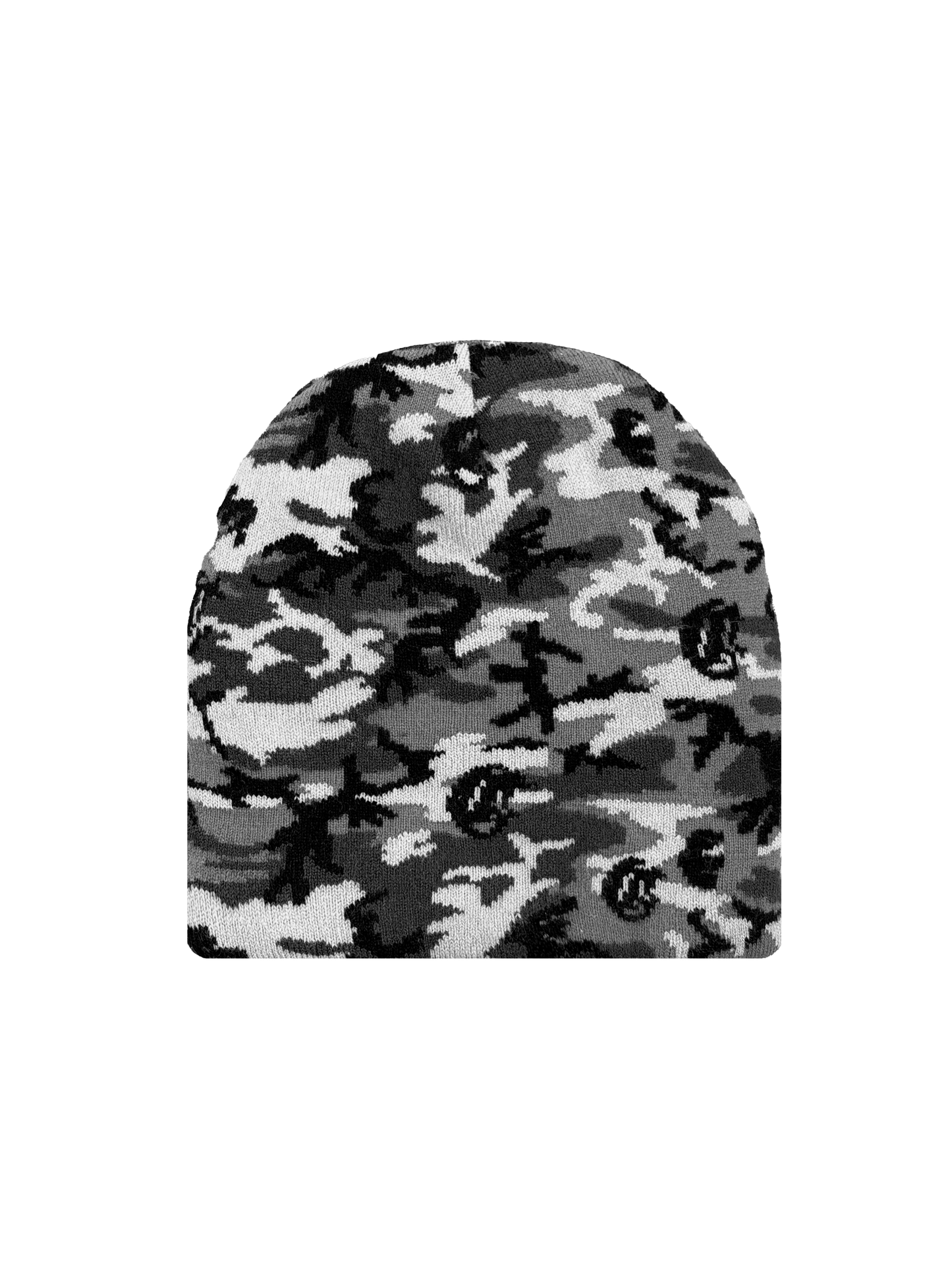 Gray camouflage knit beanie featuring a black, white, and gray pattern with repeating Corvidae logos, offering a stylish and versatile accessory for streetwear fashion.