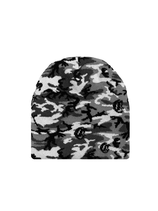 Gray camouflage knit beanie featuring a black, white, and gray pattern with repeating Corvidae logos, offering a stylish and versatile accessory for streetwear fashion.