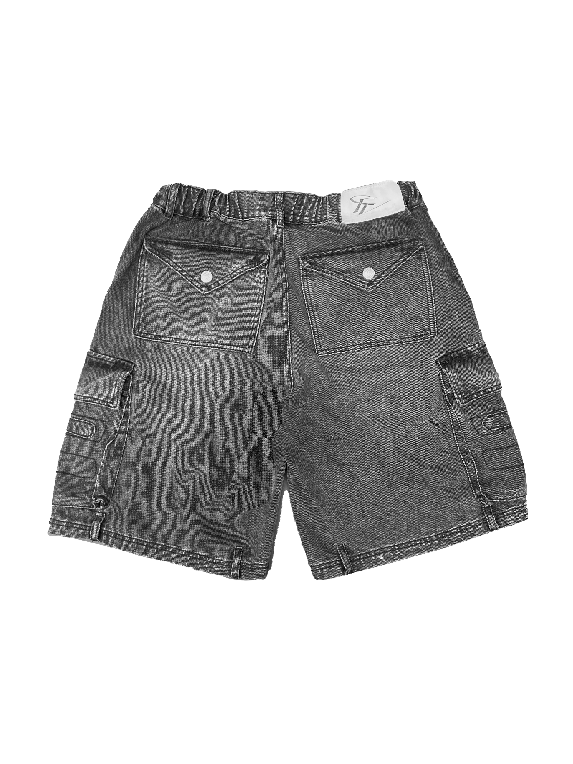 Back view of gray cargo shorts showcasing dual flap pockets, side utility pockets, and a comfortable elastic waistband for everyday styling.