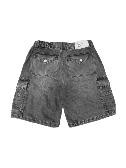 Back view of gray cargo shorts showcasing dual flap pockets, side utility pockets, and a comfortable elastic waistband for everyday styling.