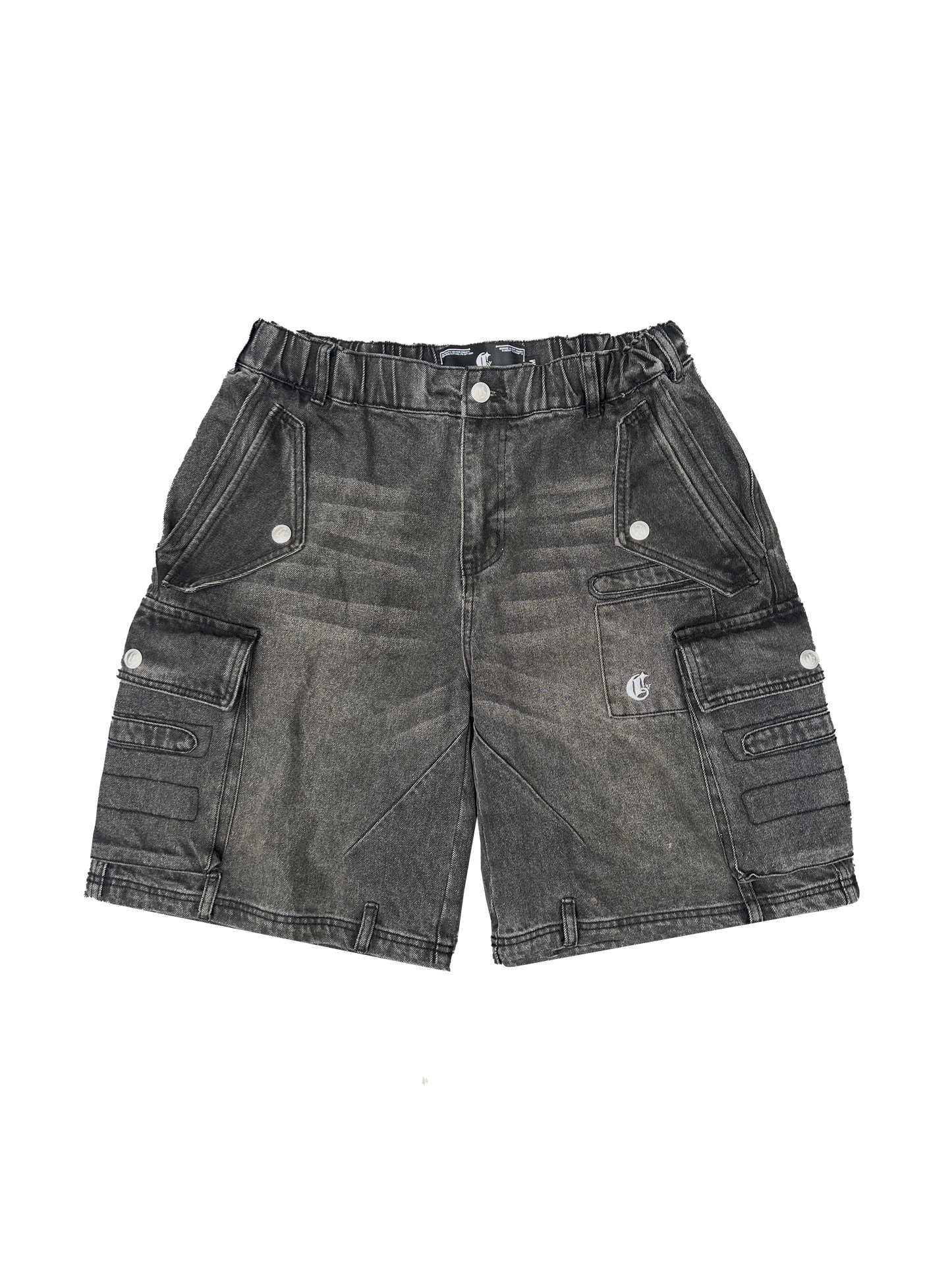 Front view of gray cargo shorts featuring multiple utility pockets, button accents, and a relaxed fit for casual and functional wear.