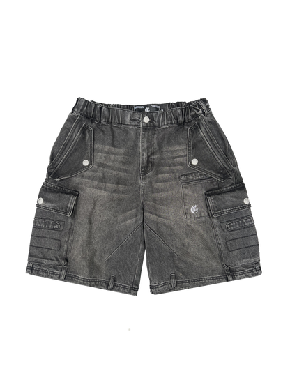 Front view of gray cargo shorts featuring multiple utility pockets, button accents, and a relaxed fit for casual and functional wear.