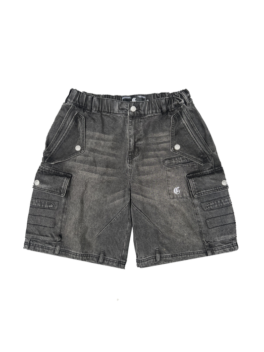 Front view of gray cargo shorts featuring multiple utility pockets, button accents, and a relaxed fit for casual and functional wear.