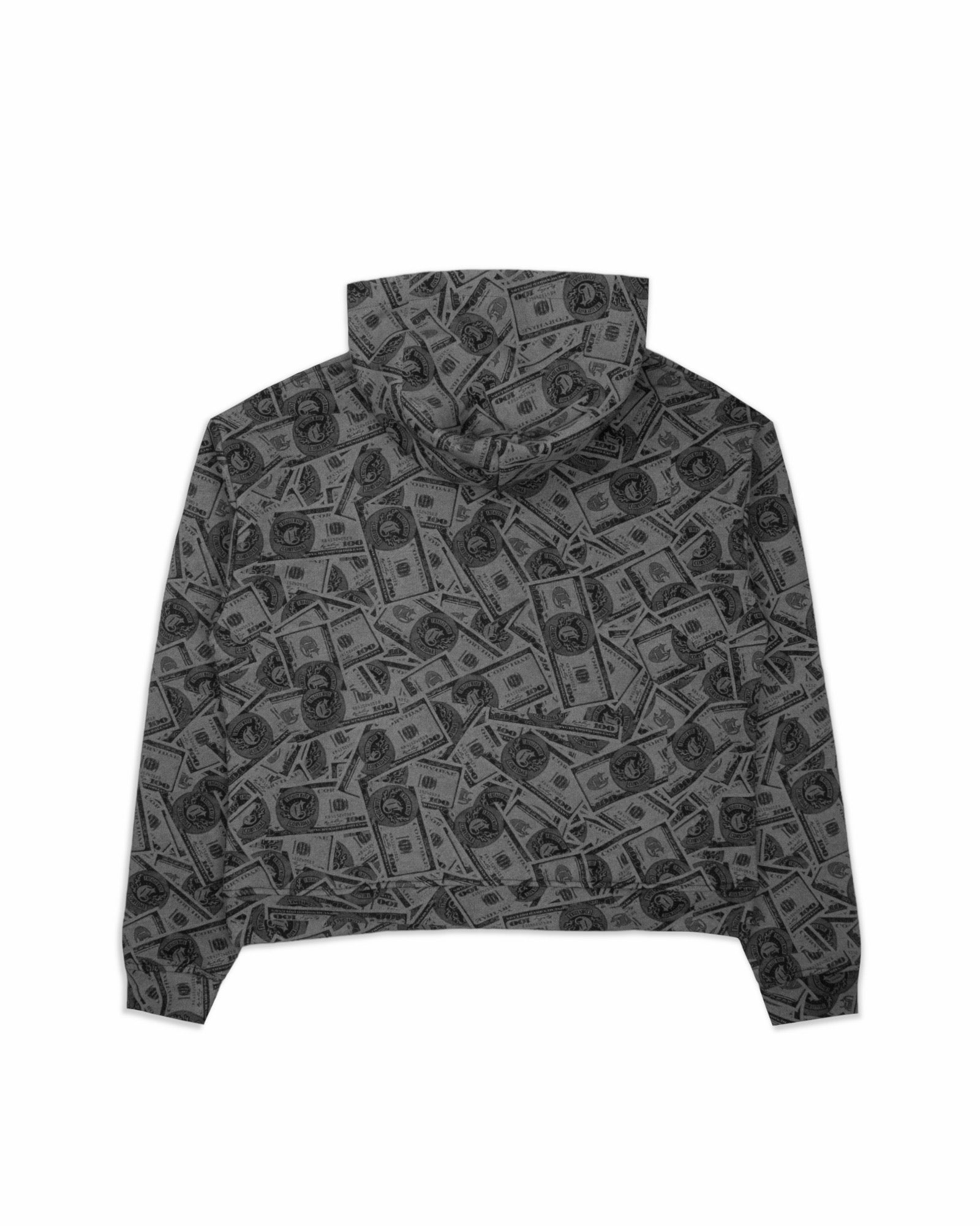 Back view of a gray hoodie featuring an all-over dollar bill print design, combining bold graphics with a modern casual fit.