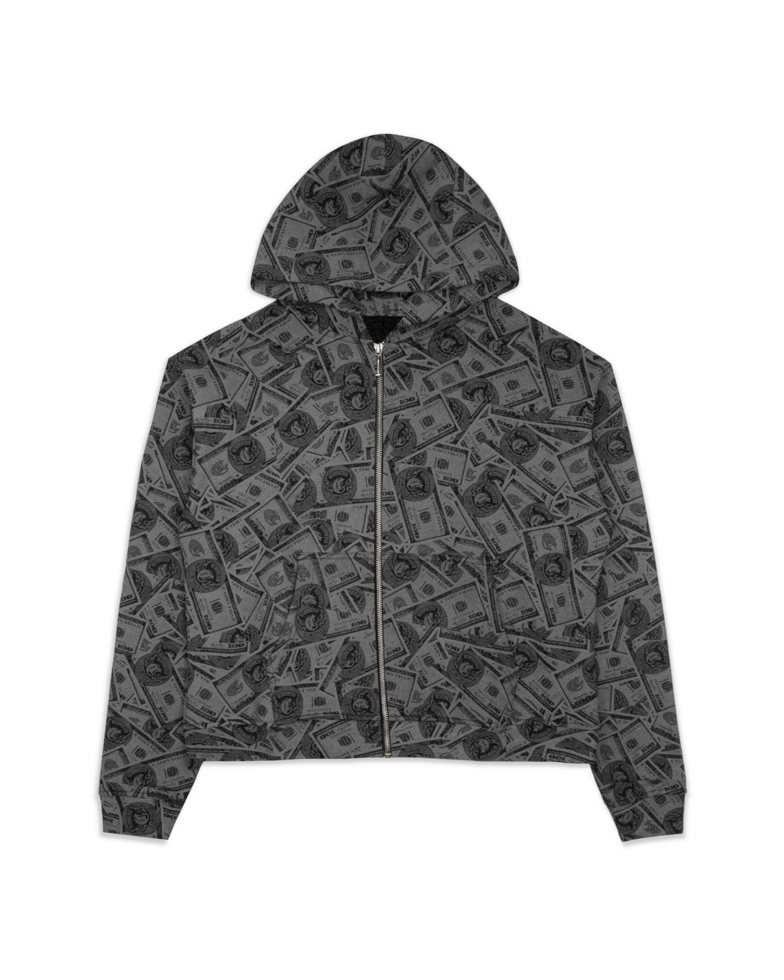 Front view of a gray hoodie featuring an all-over dollar bill print, a zippered closure, and a drawstring hood for a bold streetwear aesthetic.