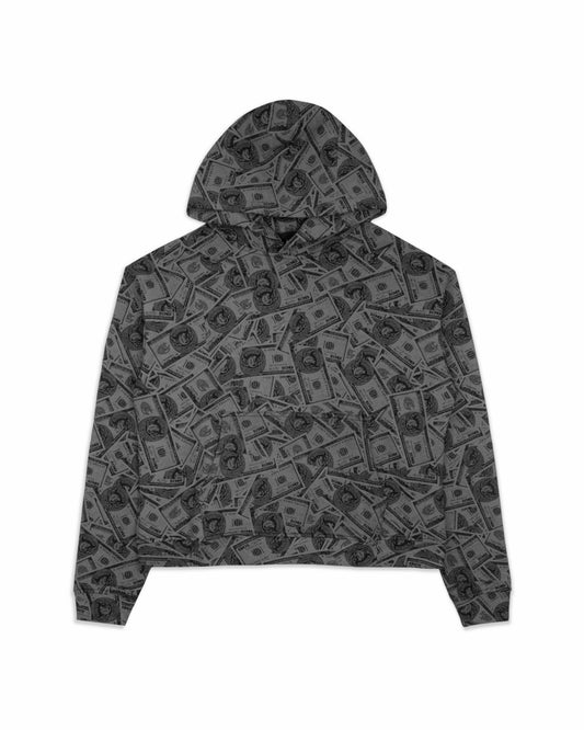 Front view of a gray pullover hoodie featuring an all-over dollar bill print design with a relaxed fit and drawstring hood for bold streetwear fashion.