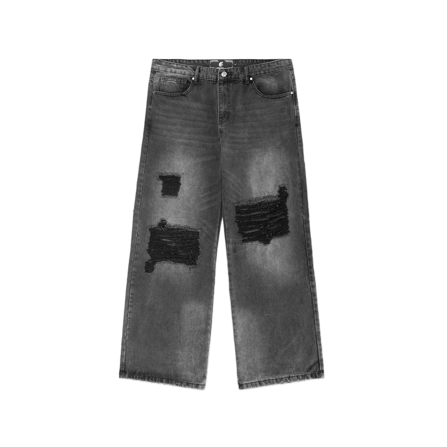 Front view of gray wide-leg ripped jeans showcasing distressed patches, a high-waisted design, and a relaxed fit for edgy streetwear styling.