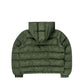 Back view of a green puffer jacket with a high-collar hood, quilted design, and sleek minimalist finish, showcasing a contemporary streetwear aesthetic.