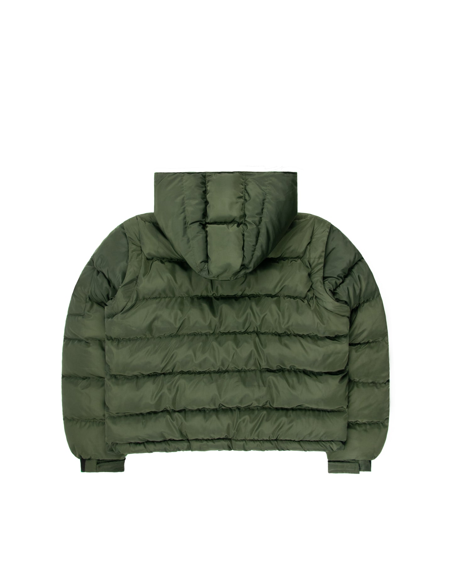 Back view of a green puffer jacket with a high-collar hood, quilted design, and sleek minimalist finish, showcasing a contemporary streetwear aesthetic.