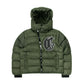 Front view of a green puffer jacket featuring a large “C” logo on the chest, high-collar hood, and a stylish quilted design for warmth and streetwear appeal.