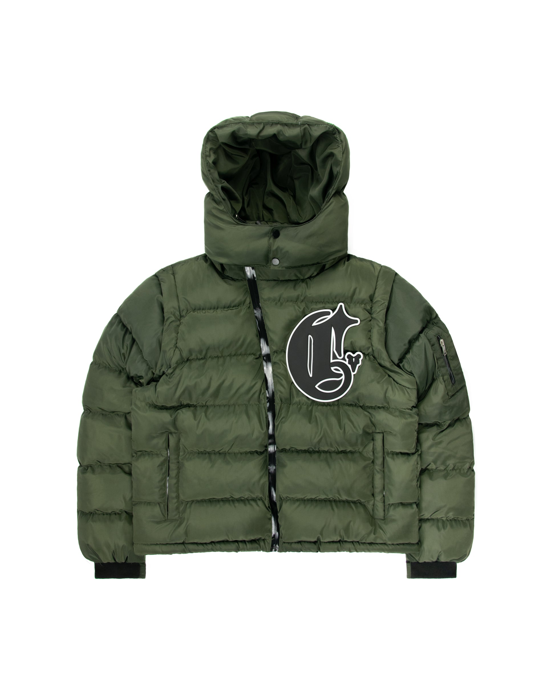 Front view of a green puffer jacket featuring a large “C” logo on the chest, high-collar hood, and a stylish quilted design for warmth and streetwear appeal.