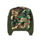 Back view of a green camouflage bomber jacket featuring ribbed hem, black textured details, and a utility pocket on the sleeve, designed for a rugged outdoor style.