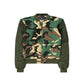 Front view of a green camouflage bomber jacket with black textured accents, zippered front closure, and dual flap pockets for a bold streetwear aesthetic.