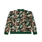 Back view of a green camouflage knit sweater showcasing a seamless design with ribbed hem and cuffs, crafted for a rugged yet stylish look.