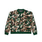 Front view of a green camouflage knit sweater featuring a ribbed crew neckline, ribbed cuffs, and bold woodland-inspired design for casual styling.