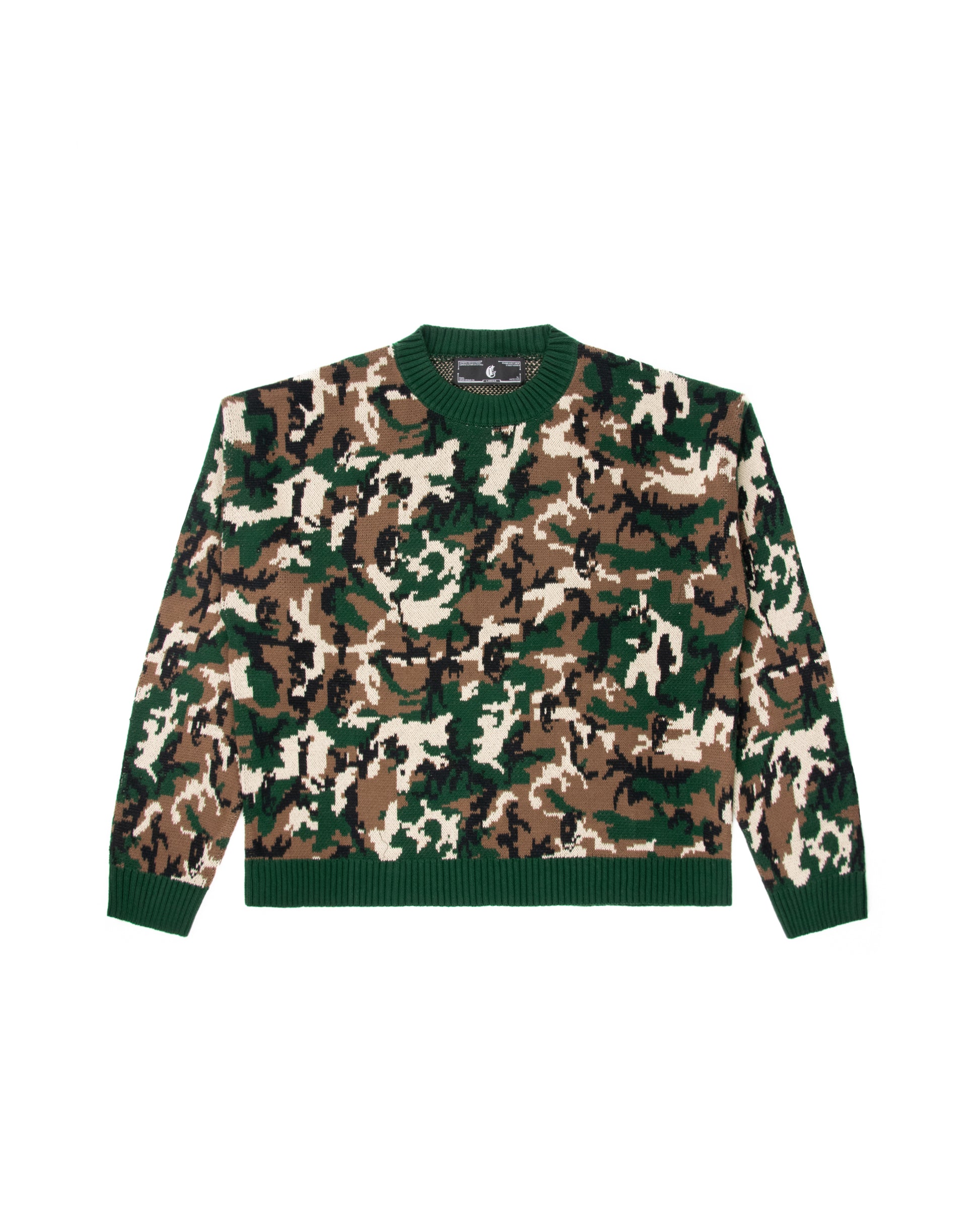 Front view of a green camouflage knit sweater featuring a ribbed crew neckline, ribbed cuffs, and bold woodland-inspired design for casual styling.