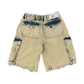Back view of tan washed cargo shorts showcasing flap pockets, side utility pockets, and a frayed hem design for an edgy and casual aesthetic.