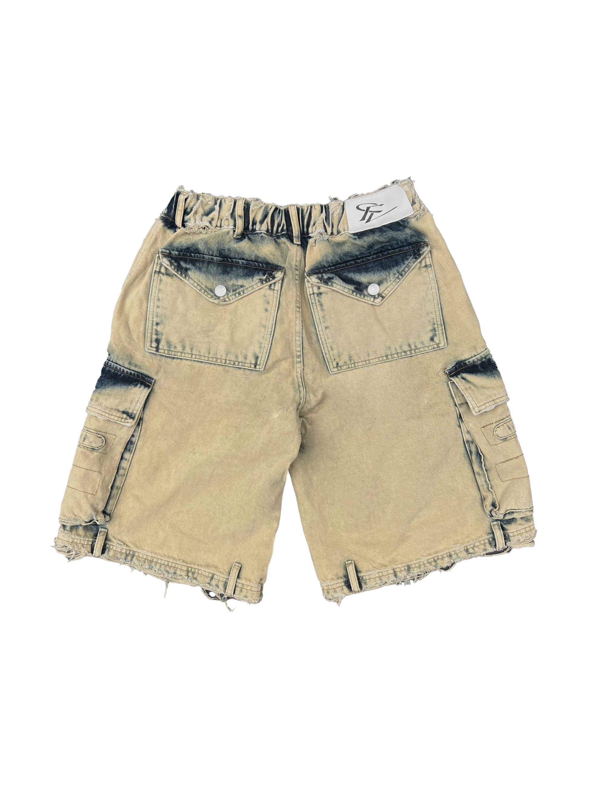 Back view of tan washed cargo shorts showcasing flap pockets, side utility pockets, and a frayed hem design for an edgy and casual aesthetic.