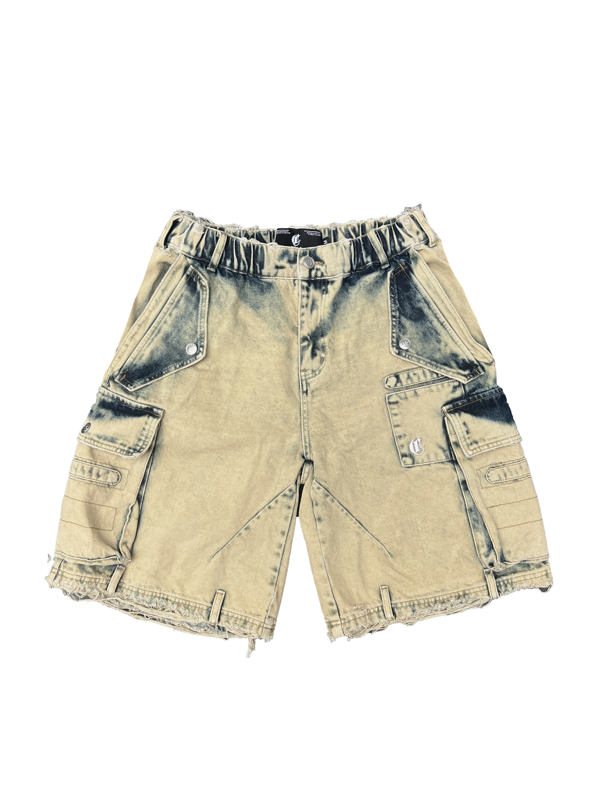 Front view of tan washed cargo shorts featuring multiple utility pockets, distressed hem, and a relaxed fit for casual and rugged styling.