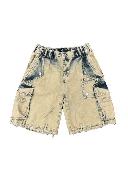Front view of tan washed cargo shorts featuring multiple utility pockets, distressed hem, and a relaxed fit for casual and rugged styling.