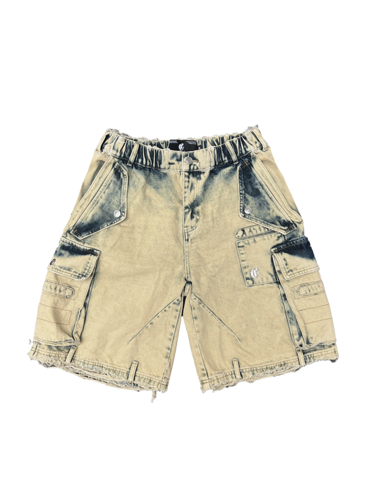 Front view of tan washed cargo shorts featuring multiple utility pockets, distressed hem, and a relaxed fit for casual and rugged styling.