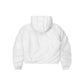 Back view of a white embossed puffer jacket showcasing a bold quilted pattern, detachable hood, and insulated design for stylish cold-weather wear.