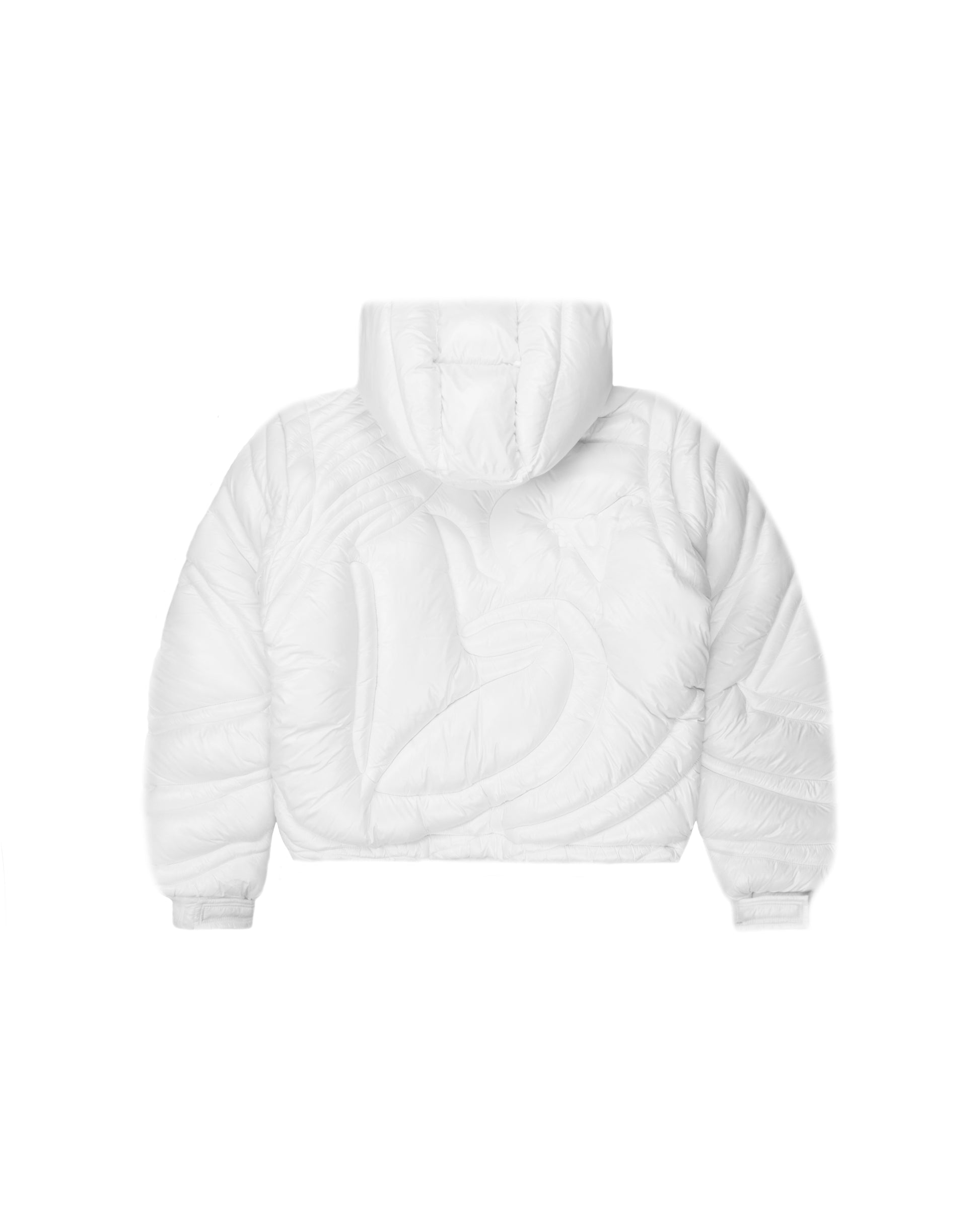 Back view of a white embossed puffer jacket showcasing a bold quilted pattern, detachable hood, and insulated design for stylish cold-weather wear.