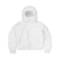 Front view of a white embossed puffer jacket featuring a detachable hood, asymmetrical zipper closure, and quilted design for a clean and modern winter style.