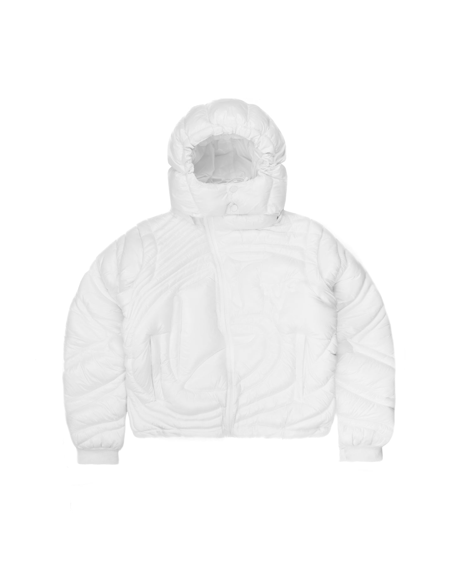 Front view of a white embossed puffer jacket featuring a detachable hood, asymmetrical zipper closure, and quilted design for a clean and modern winter style.