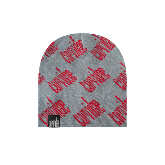GRAY RED TEXT BEANIE